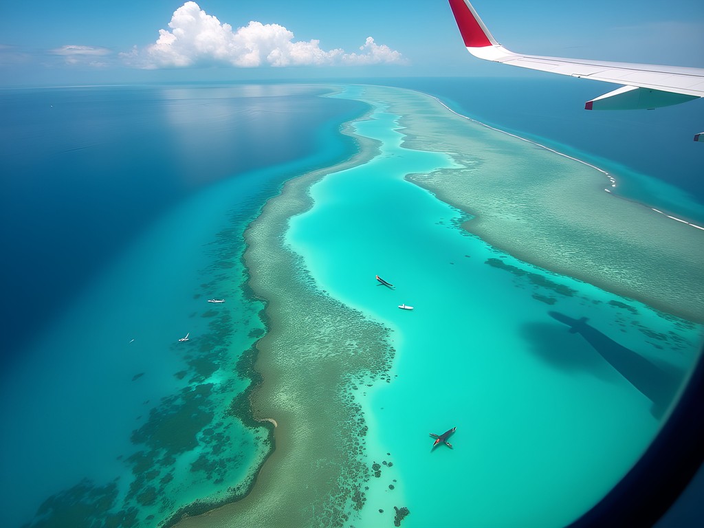 Aerial view of Belize Barrier Reef between San Pedro and Caye Caulker