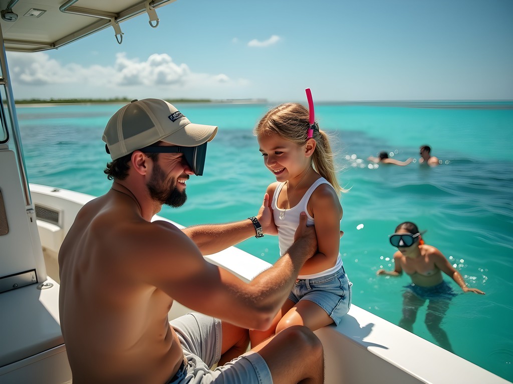 Father and young daughter preparing for snorkeling at Hol Chan Marine Reserve, Belize