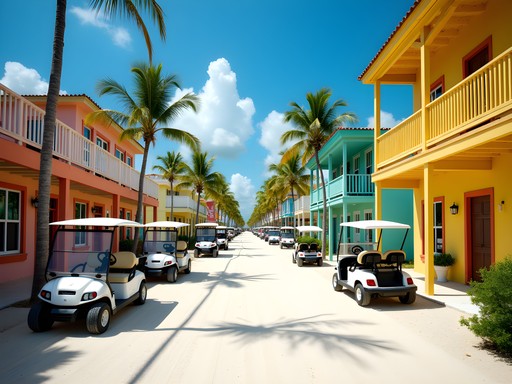 Colorful street in San Pedro, Ambergris Caye with golf carts and shops