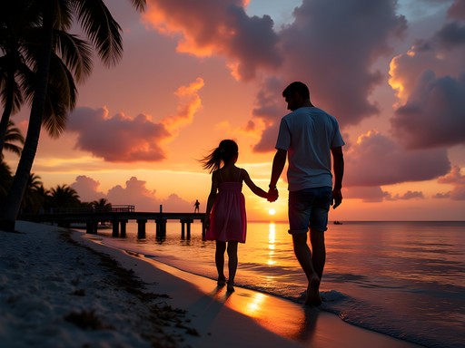 Father and daughter watching sunset on beach in Caye Caulker, Belize