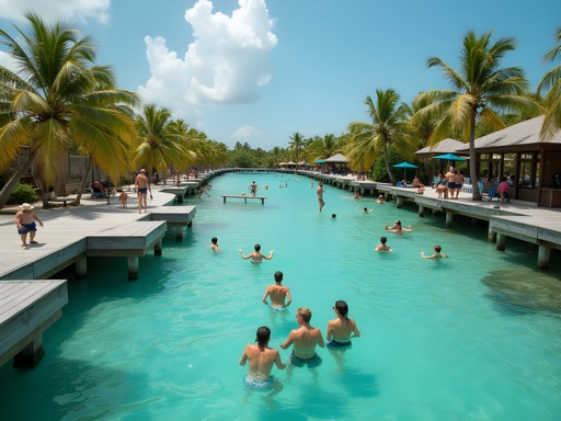 The Split at Caye Caulker with people swimming and relaxing