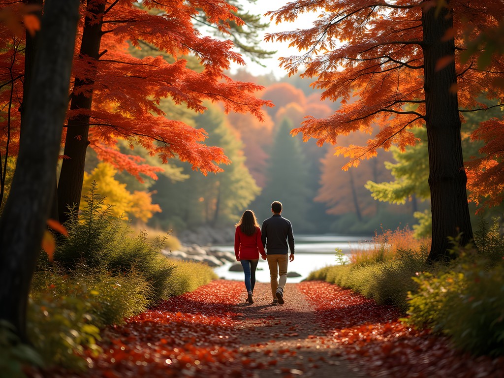 Couple walking along Mousam Way Trail in Sanford Maine during peak fall foliage season