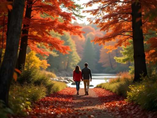 Couple walking along Mousam Way Trail in Sanford Maine during peak fall foliage season