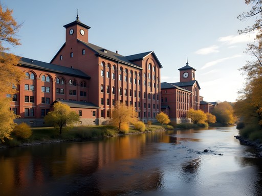 Historic Goodall Mill red brick textile factory buildings in Sanford Maine with fall foliage and Mousam River
