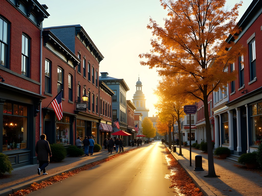 Historic Main Street in Sanford Maine during fall evening with Victorian buildings and autumn foliage