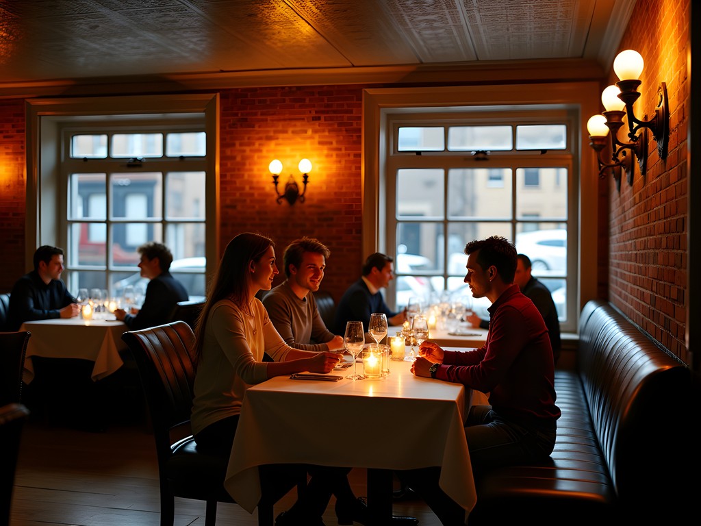 Cozy historic restaurant interior in Sanford Maine with original tin ceiling and warm lighting