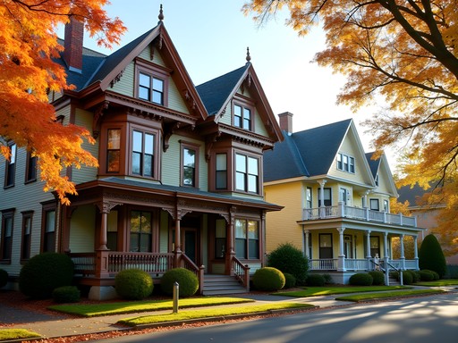 Victorian homes with ornate woodwork and fall foliage in Sanford Maine residential neighborhood