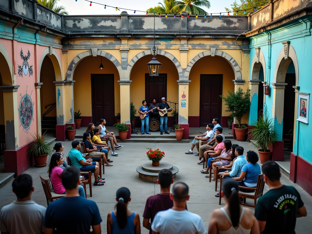 Colorful courtyard of El Mejunje cultural center with local artists performing