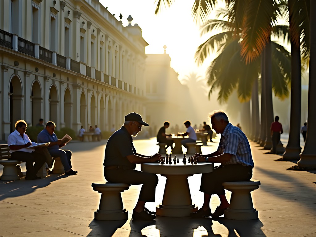 Morning scene at Parque Vidal with locals playing chess and socializing