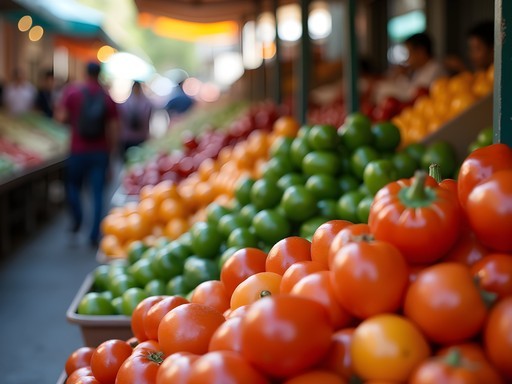 Colorful fruit and vegetable displays at La Vega Central Market in Santiago