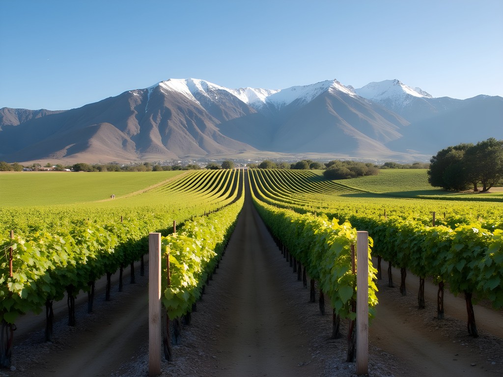 Maipo Valley vineyard with rows of grapevines and Andes Mountains in background