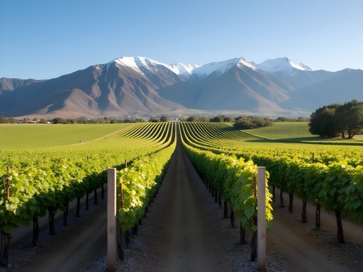 Maipo Valley vineyard with rows of grapevines and Andes Mountains in background