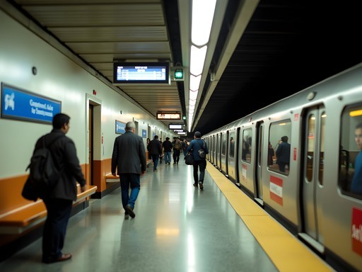 Modern Santiago metro station with passengers and trains