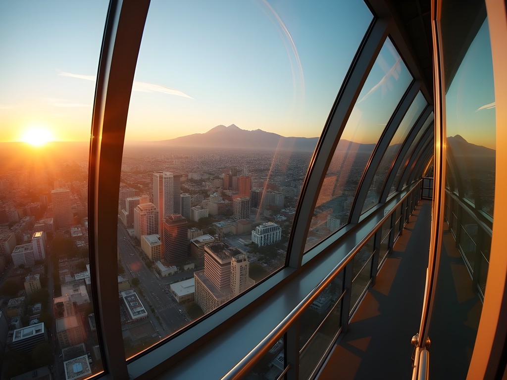 Panoramic sunset view of Santiago and Andes Mountains from Sky Costanera observation deck
