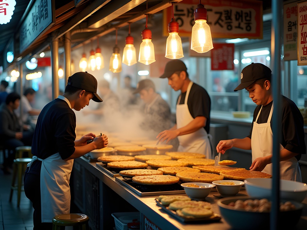 Bustling food stalls at Gwangjang Market in Seoul with vendors preparing traditional Korean street food