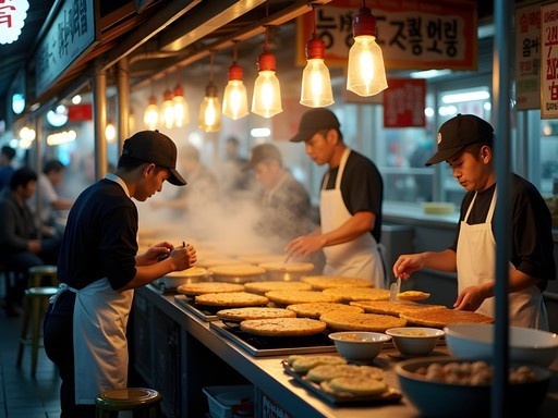Bustling food stalls at Gwangjang Market in Seoul with vendors preparing traditional Korean street food