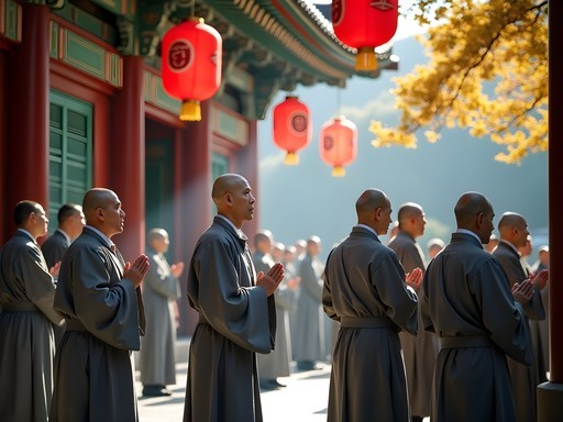 Morning prayer ceremony at Jogyesa Temple with monks and colorful lanterns in Seoul