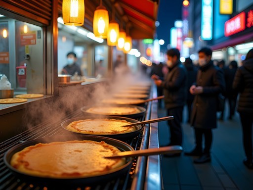 Vibrant street food scene in Myeongdong with illuminated stalls and diverse Korean street foods