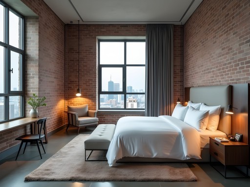 Stylish interior of boutique hotel in Shanghai showing blend of industrial and luxury elements