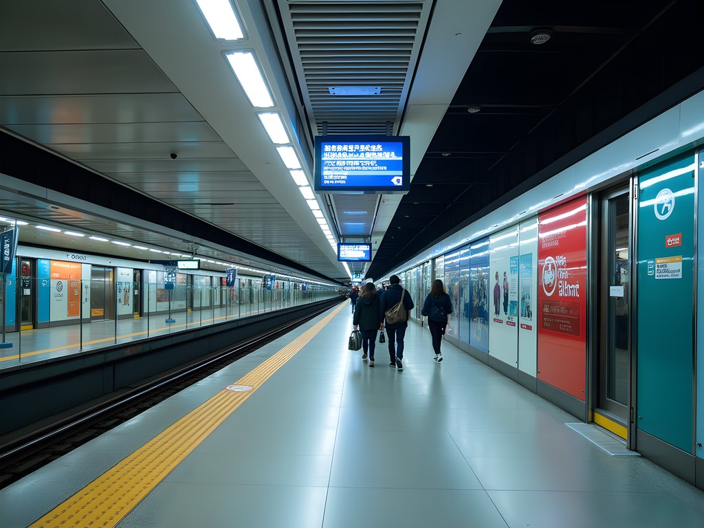 Modern Shanghai metro station with digital displays and commuters