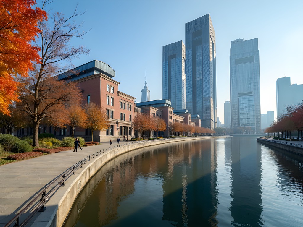 Modern art installations and architecture at West Bund Art District in Shanghai during autumn