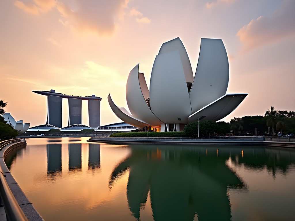 Lotus-shaped ArtScience Museum with Marina Bay Sands in background during golden hour