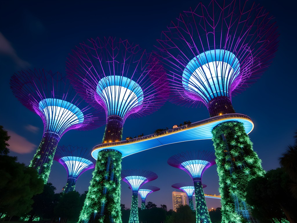 Illuminated Supertrees during Garden Rhapsody light show at Gardens by the Bay Singapore