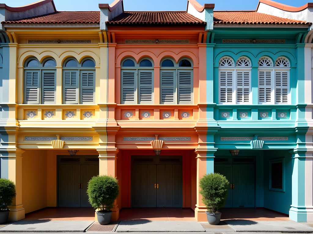 Colorful restored shophouses in Singapore's heritage district with ornate facades