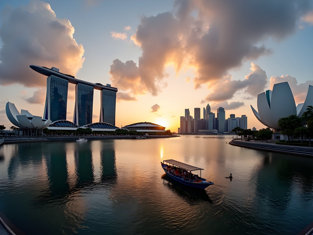 Singapore Marina Bay skyline at sunset with Marina Bay Sands and Gardens by the Bay