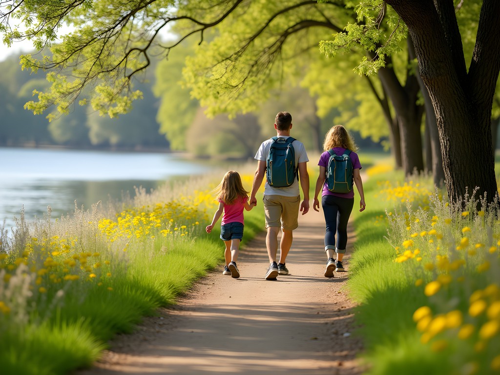 Family hiking on spring wildflower trails at Arkabutla Lake near Southaven