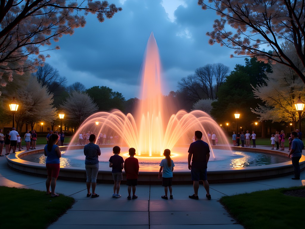 Families enjoying the illuminated fountain at Central Park in Southaven at dusk