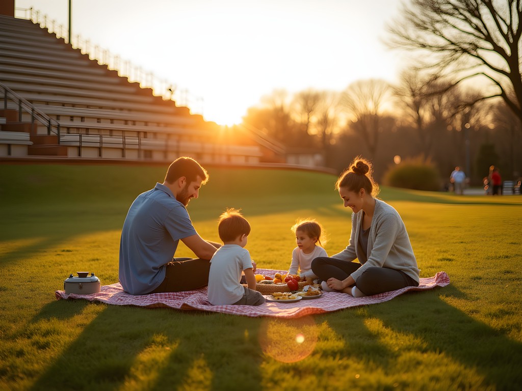 Family enjoying sunset picnic at Snowden Grove Amphitheater grounds