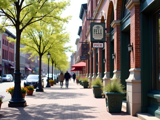Restored historic commercial buildings along Felix Street Historic District in St. Joseph Missouri