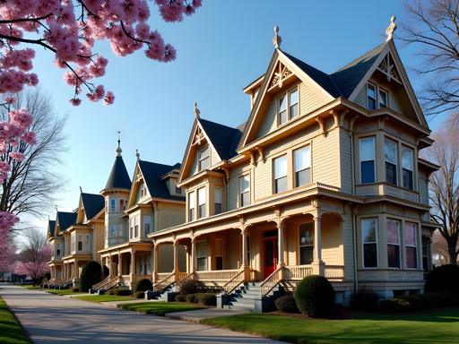 Row of colorful Victorian mansions in Museum Hill Historic District of St. Joseph Missouri in spring