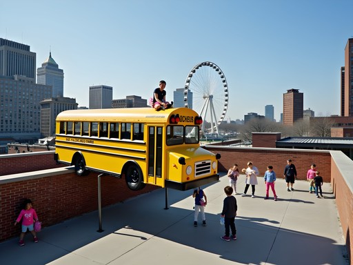 Family exploring the rooftop playground at City Museum St. Louis with ferris wheel and school bus