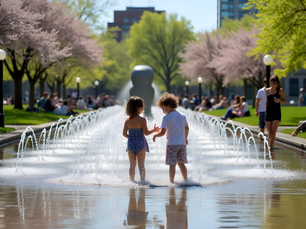 Children playing in Citygarden interactive fountains in downtown St. Louis