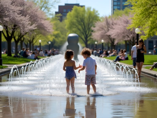 Children playing in Citygarden interactive fountains in downtown St. Louis