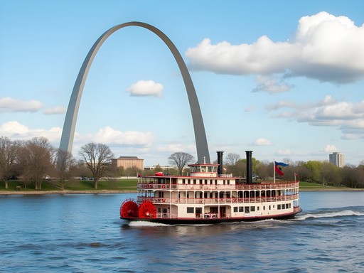 Gateway Arch with Mississippi riverboat cruise in foreground during spring