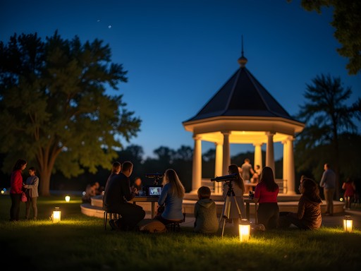 Nighttime stargazing event at Tower Grove Park with telescopes and families