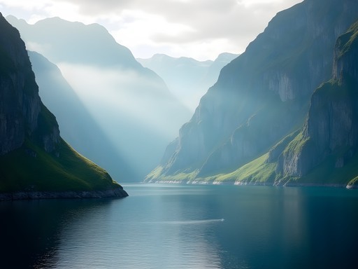 Morning temperature inversion creating mist layers in Lysefjord with dramatic cliff faces