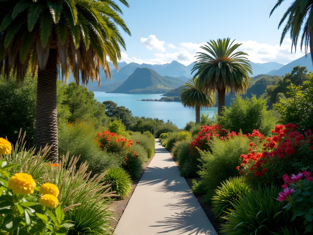 Tropical garden on Flor & Fjære island near Stavanger with palm trees and colorful flowers