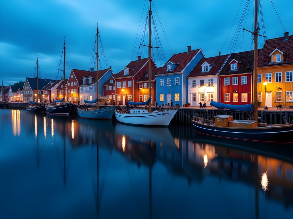 Stavanger harbor during summer blue hour with colorful buildings reflected in water