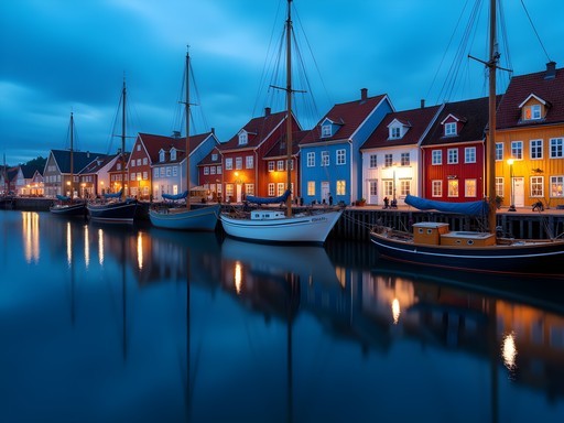Stavanger harbor during summer blue hour with colorful buildings reflected in water