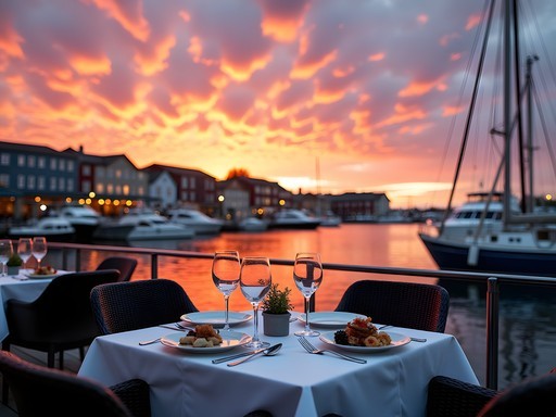Luxury waterfront dining in Stavanger harbor at sunset with dramatic sky