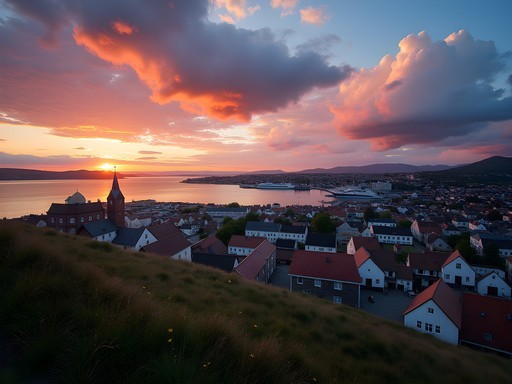 Panoramic sunset view of Stavanger harbor from Valberg Tower with dramatic cloud formations
