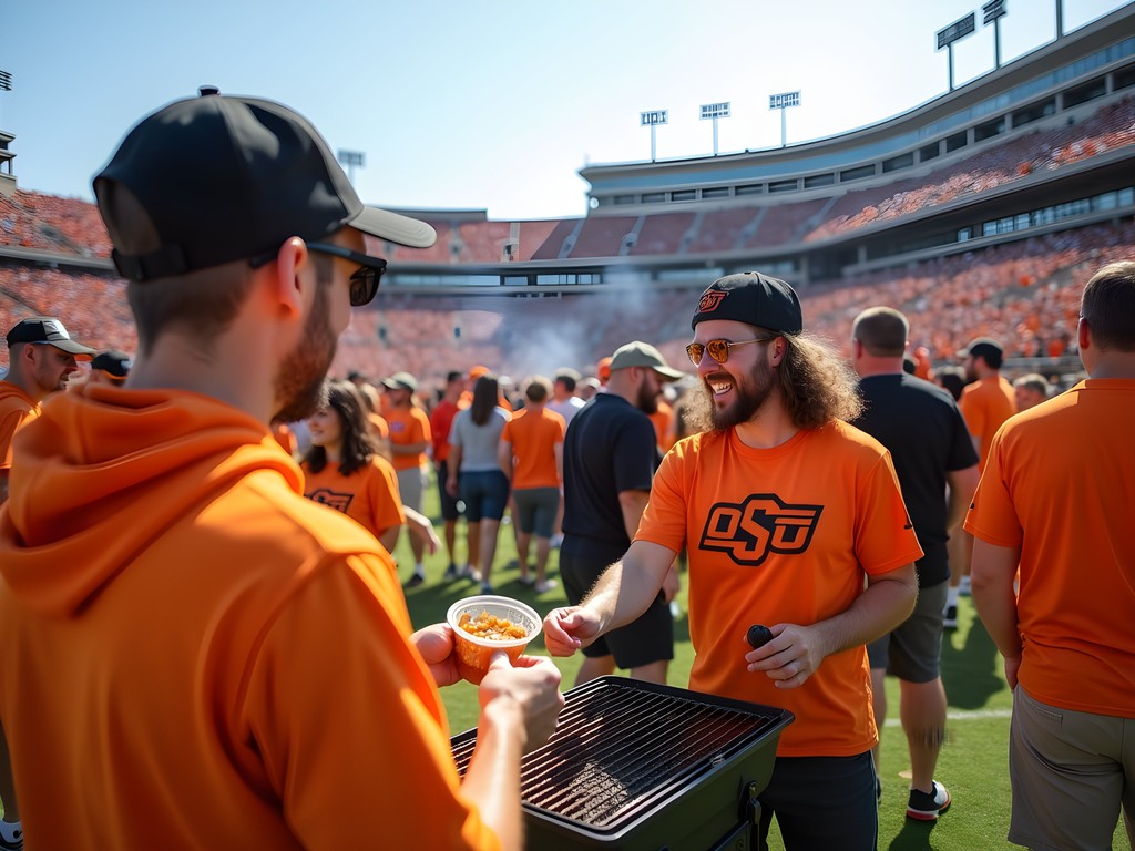Crowd of OSU fans tailgating outside Boone Pickens Stadium dressed in orange and black