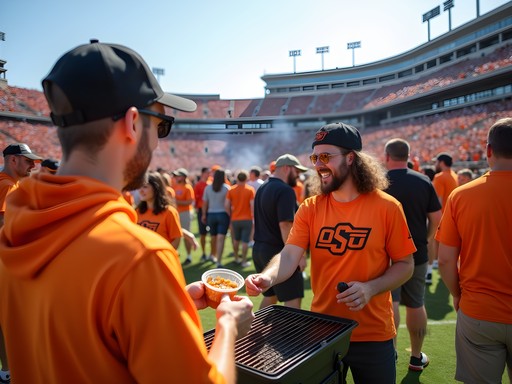 Crowd of OSU fans tailgating outside Boone Pickens Stadium dressed in orange and black