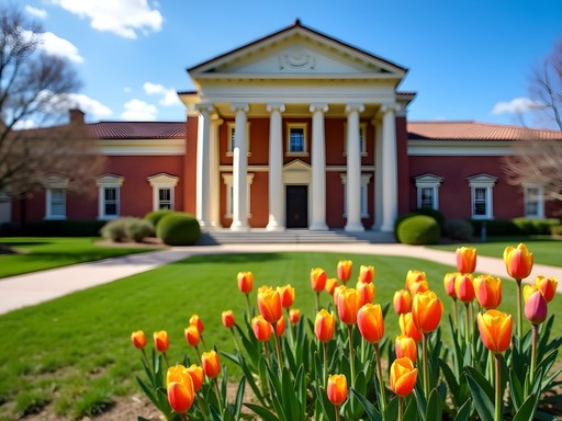The historic Haggin Museum building in Stockton with spring flowers blooming