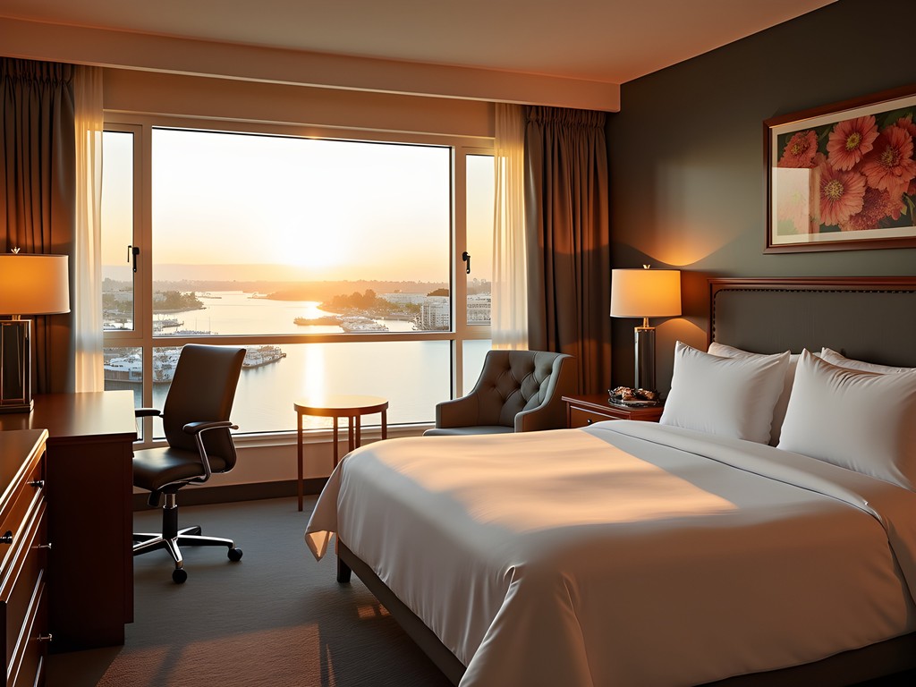 Hotel room view overlooking Stockton waterfront and channel at sunset