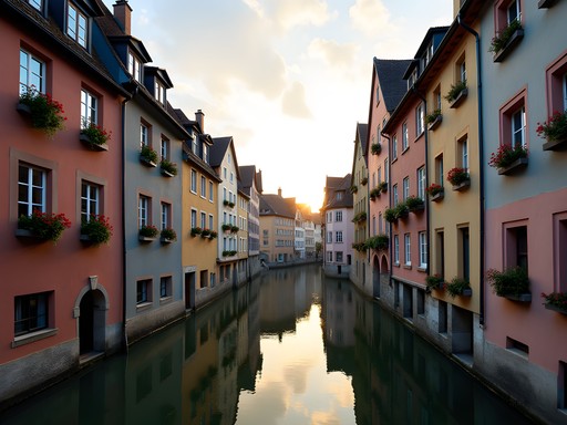 Morning light illuminating half-timbered houses along canal in La Petite France, Strasbourg